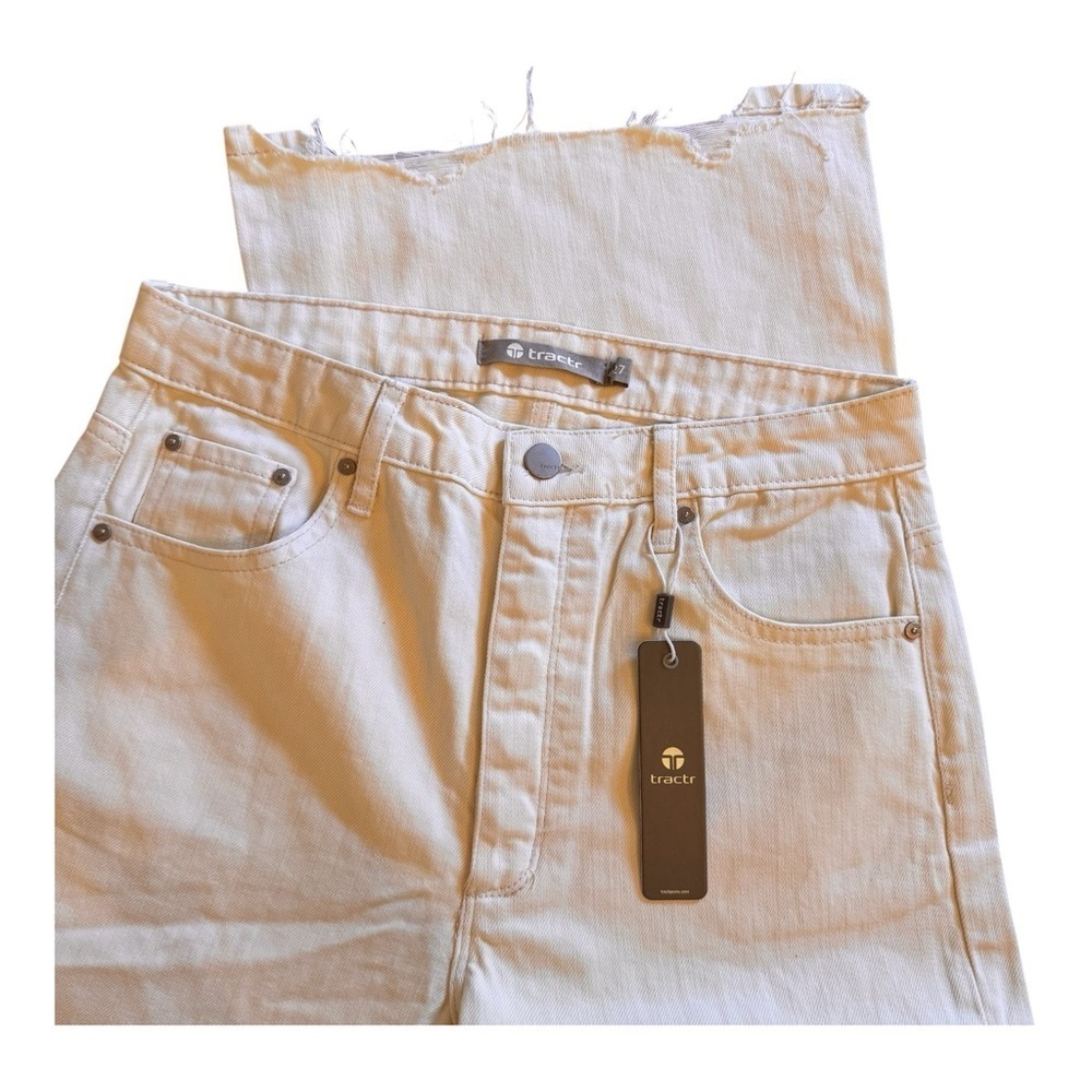 TRACTR Wide Leg Distressed Hem Denim Pants in Cream NWT - Picture 4 of 7